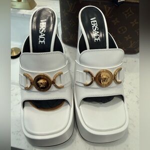 Versace White and Gold Medusa Platform Shoes
